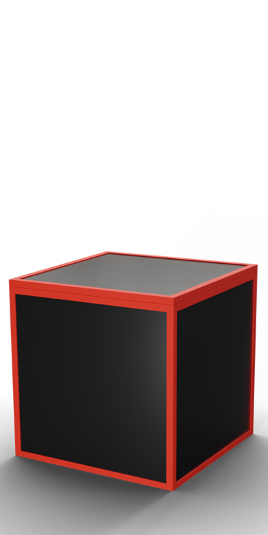 Würfelförmige boxula mit Rahmenfarbe Maximum Red sowie Deckel und Seitenwänden in Rich Black glossy